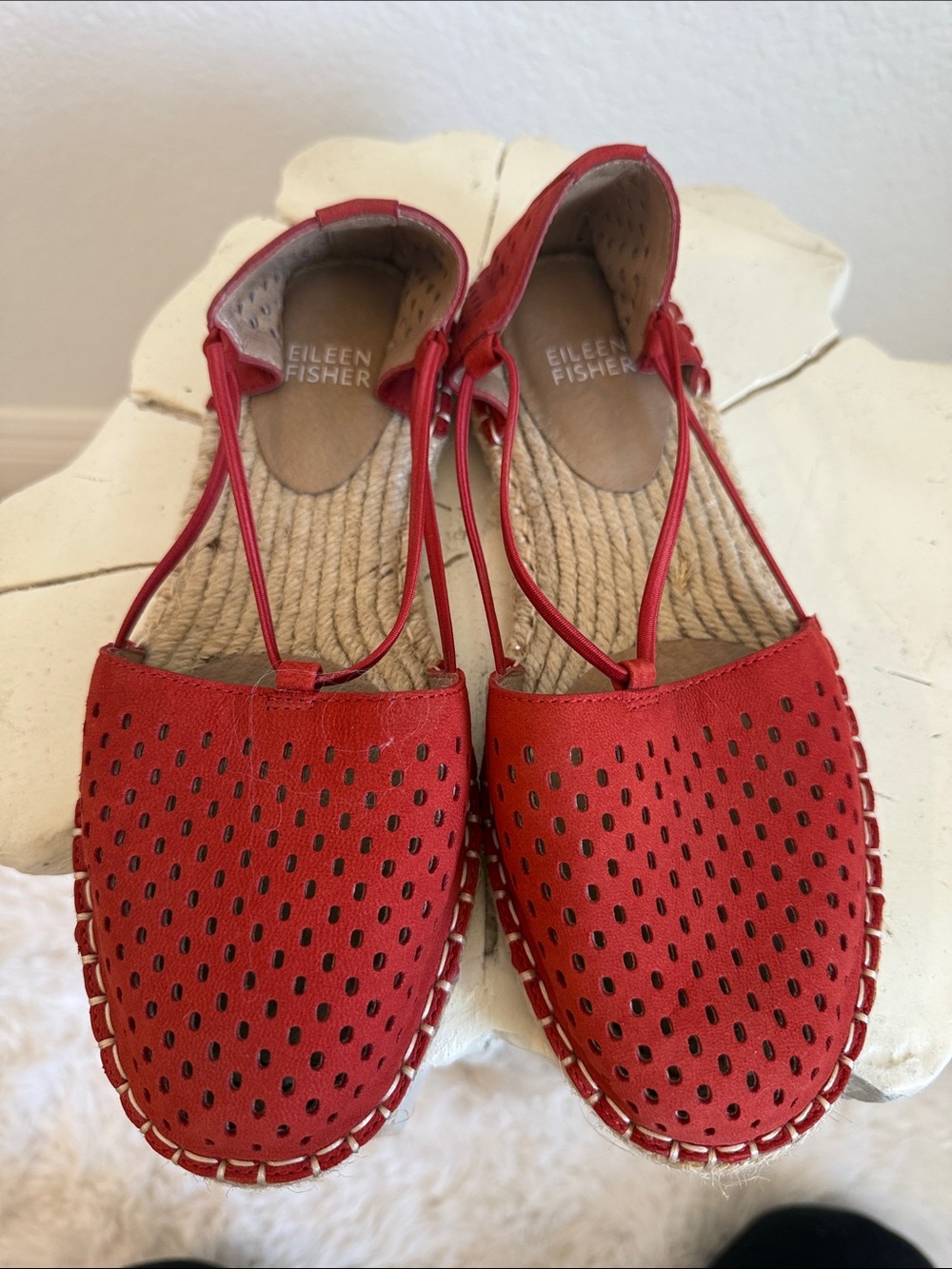 Eileen Fisher Red Perforated Espadrille Flats with Ankle Strap